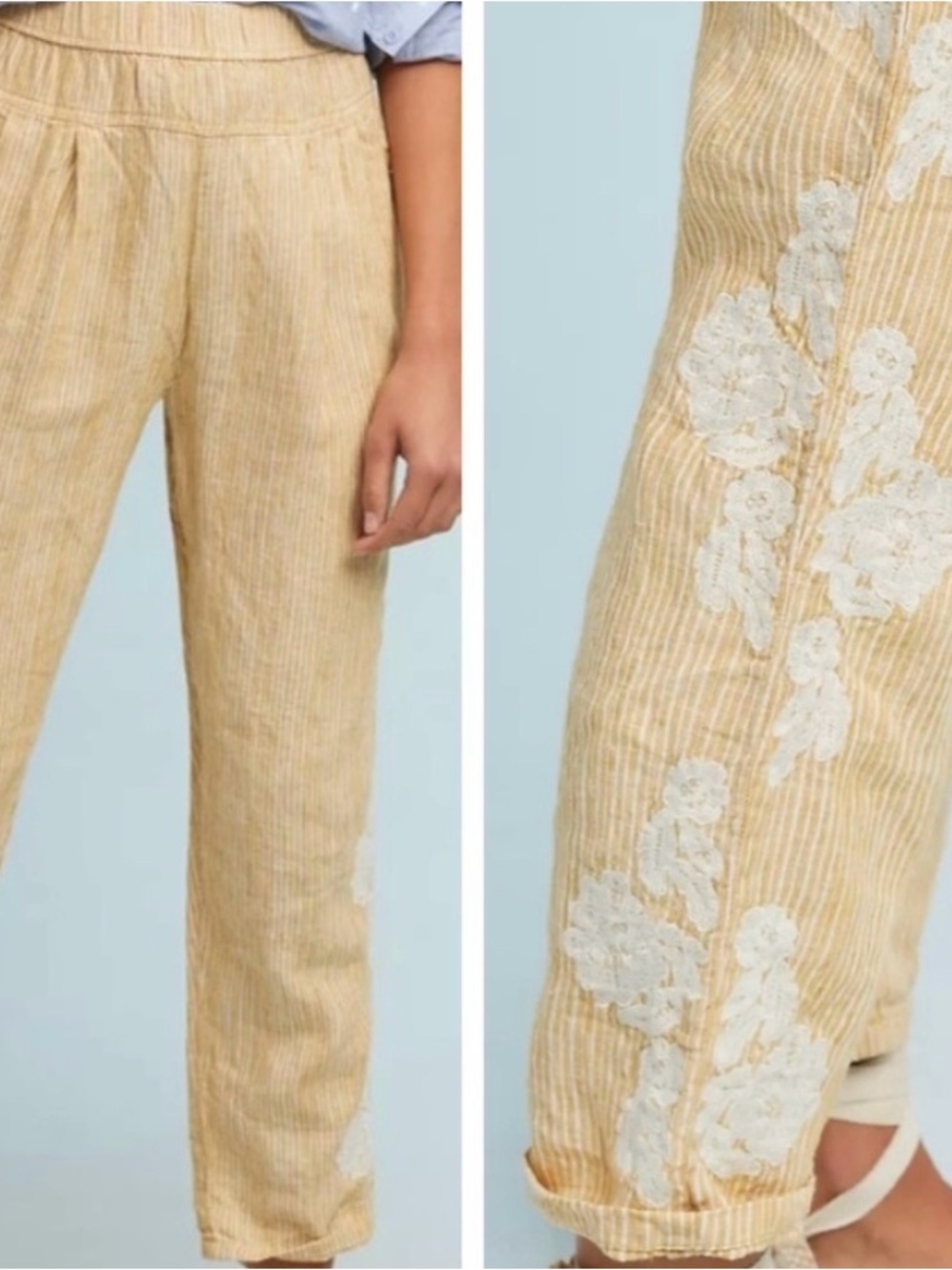 Anthropologie Yellow-Striped Linen Pants with White Floral Embroidery